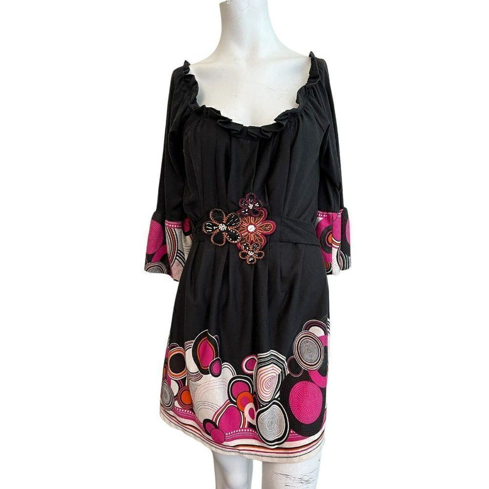 Boho Chic Hippie M Dress Black Pink Circles Flower Appliques Ruffled Freelance